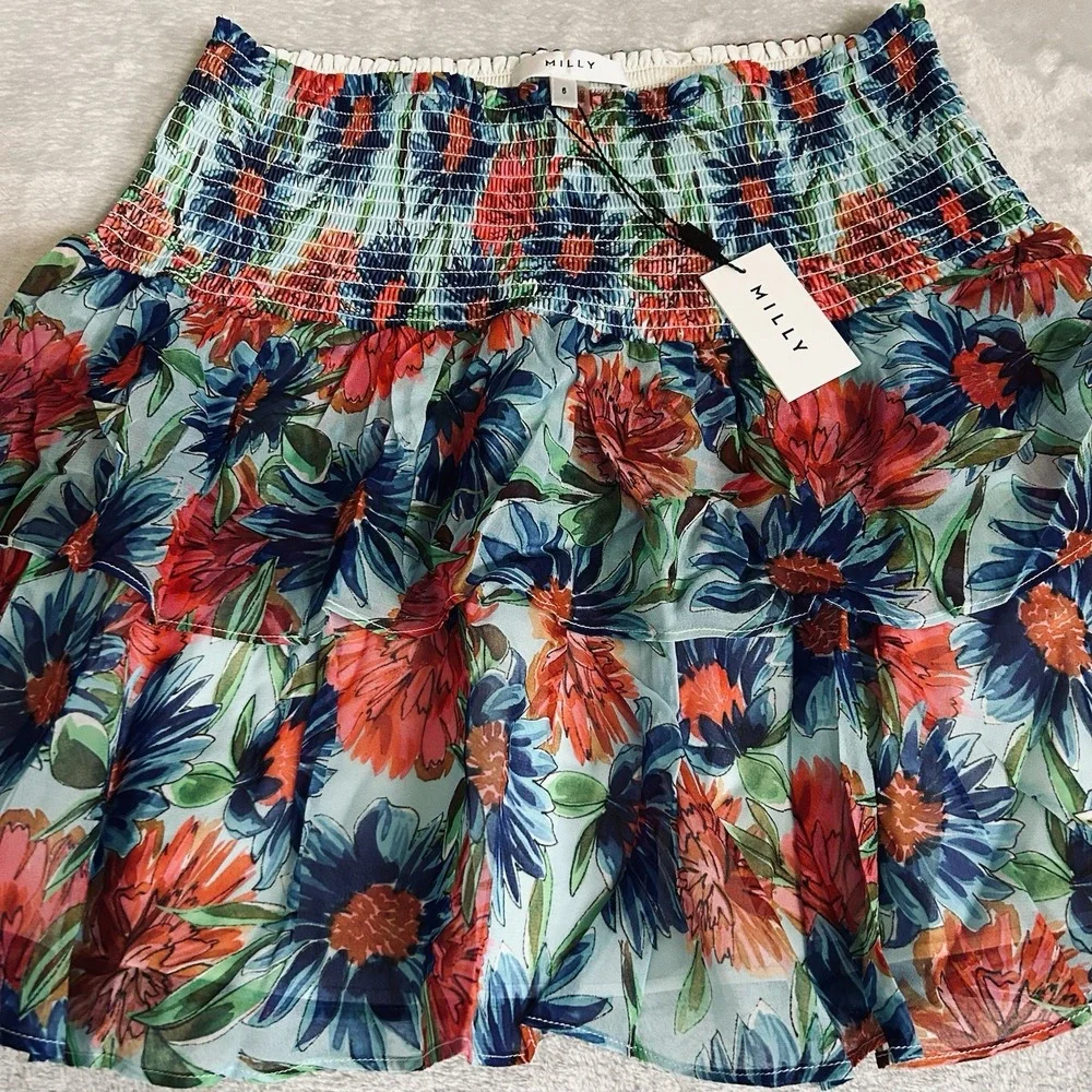 MILLY Floral Tiered Mini Skirt Sz 6 Wyatt Paint Dahlia Smocked Boho 26ES59